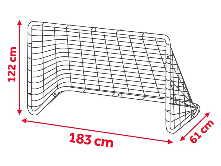 Futbola vārtu izmēru shēma ar atzīmēm 183 cm, 122 cm un 61 cm