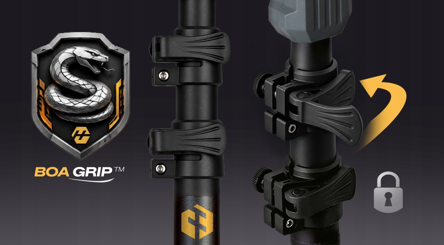 BOA GRIP™ fiksatori uz teleskopiskā stieņa ar bloķēšanas simbolu un regulēšanas bultiņu