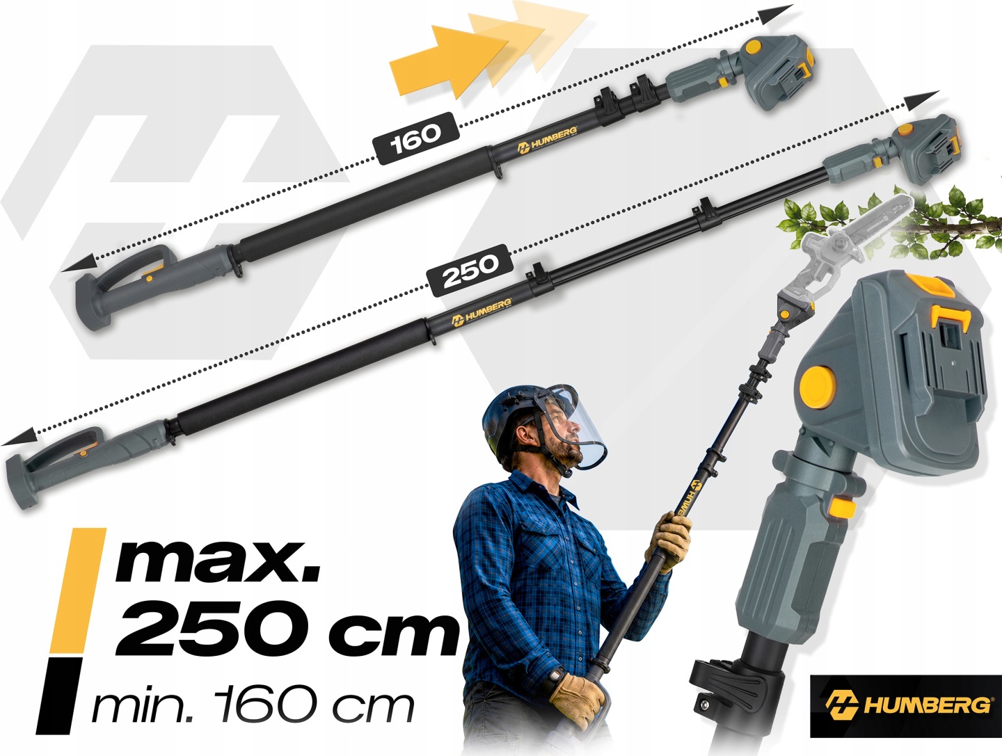 Humberg teleskopiskais zāģa pagarinājums ar norādītu garumu no 160 cm līdz 250 cm un uzstādītu instrumentu darba pozīcijā