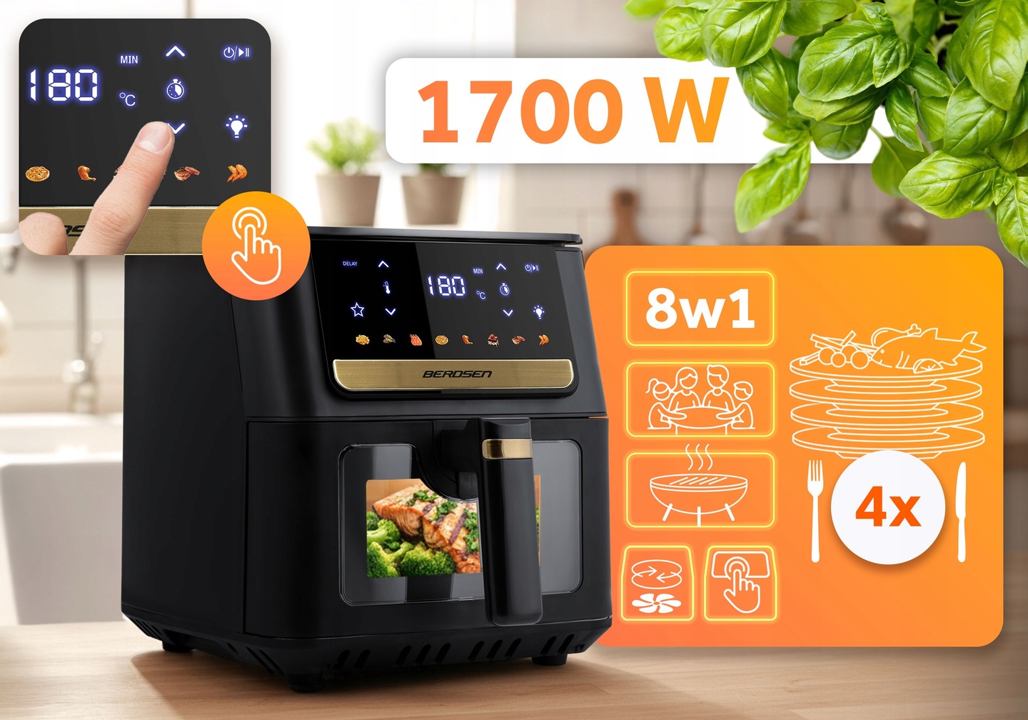 Berdsen BD-655 gaisa fritieris ar izgaismotu skārienpaneli un 1700 W norādi