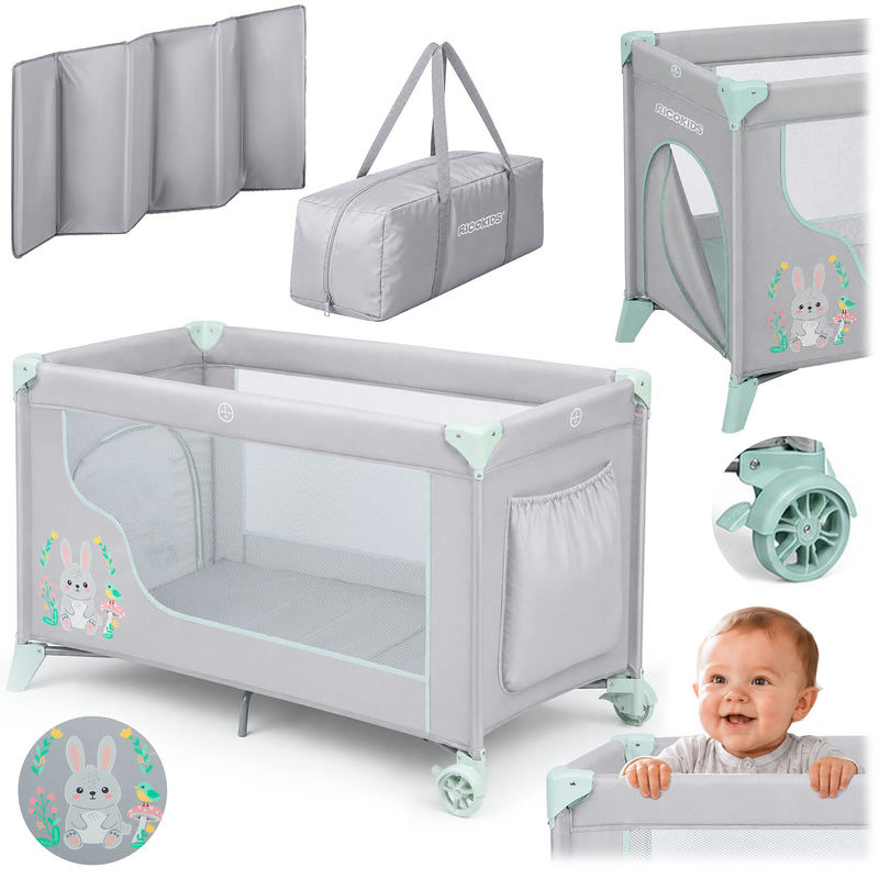 Ricokids ceļojumu gultiņa ar matraci un somu 123,5 x 65 x 76 cm, pelēkā un piparmētru krāsā – produkta kopskats