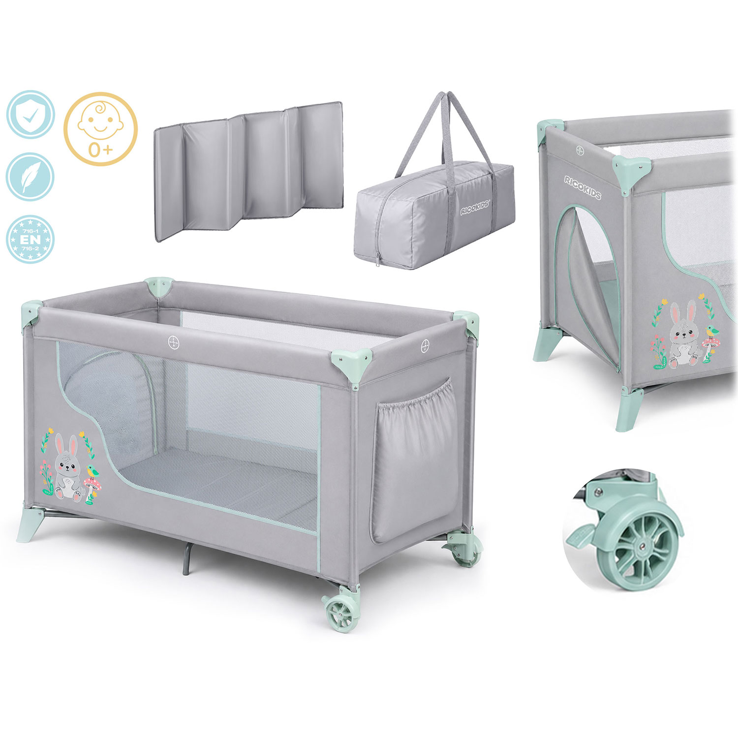 Ricokids ceļojumu gultiņa ar matraci un somu 123,5 x 65 x 76 cm, pelēkā un piparmētru krāsā – produkta galerijas skats, 2. pozīcija