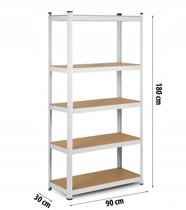 Balts metāla plaukts ar izmēru marķējumu 180 cm, 90 cm un 30 cm sānskatā