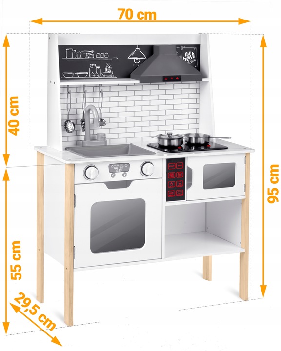 Bērnu koka virtuves izmēru shēma ar atzīmētu 95 cm augstumu, 70 cm platumu un 29,5 cm dziļumu