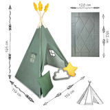 Bērnu tipi telts un mīkstās virsmas izmēru shēma ar 165 cm un 182 x 120 cm norādēm