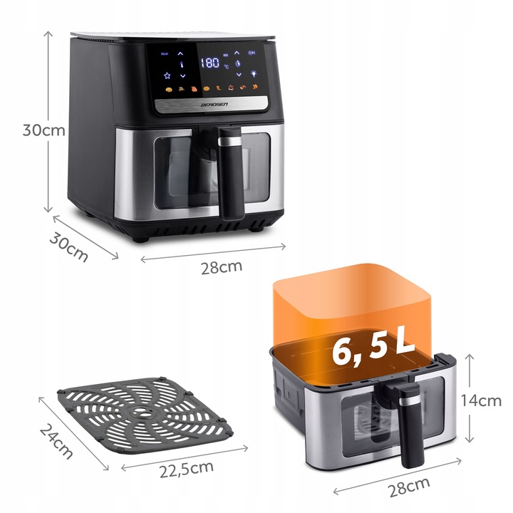 Berdsen BD-655 fritiera izmēru shēma ar 30 cm augstumu, 28 cm platumu un 6,5 l grozu