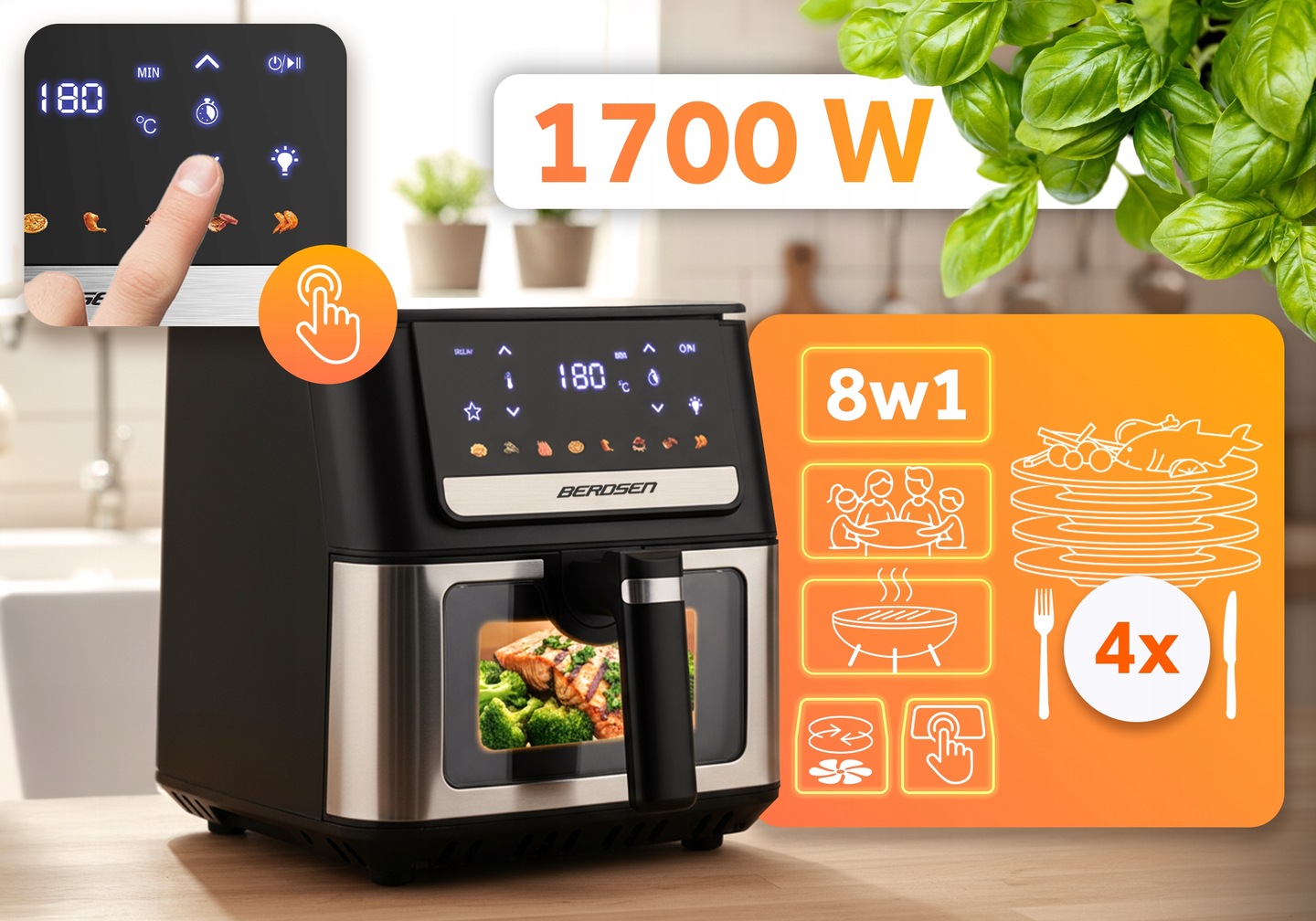 Berdsen BD-655 fritieris ar izgaismotu skārienpaneli un redzamu 1700 W jaudas norādi