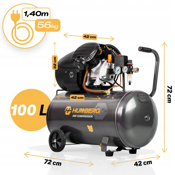 Humberg HM-257 kompresora izmēru un svara skats ar 100 l tvertni un norādītiem centimetriem