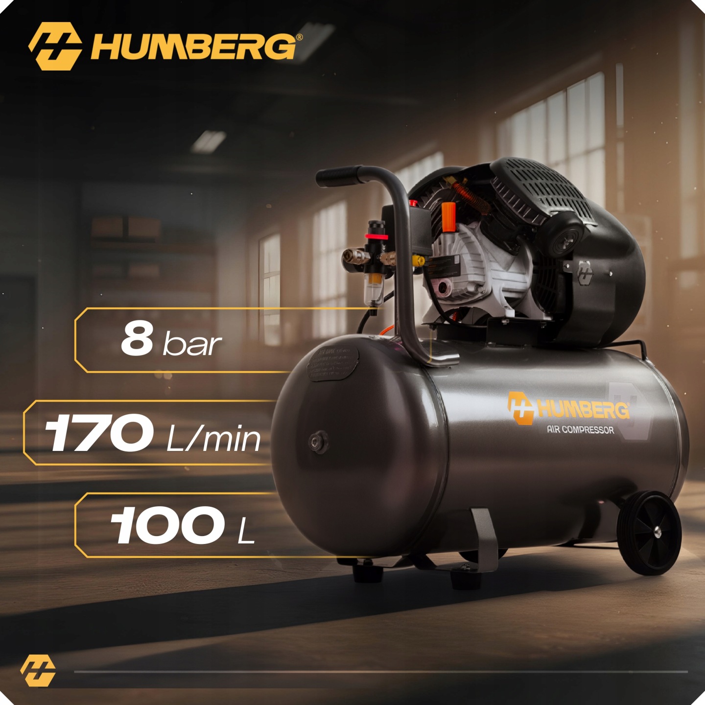 Eļļas kompresors Humberg HM-257 tumšā fonā ar uzsvērtu 8 bar, 170 l/min un 100 l tvertni