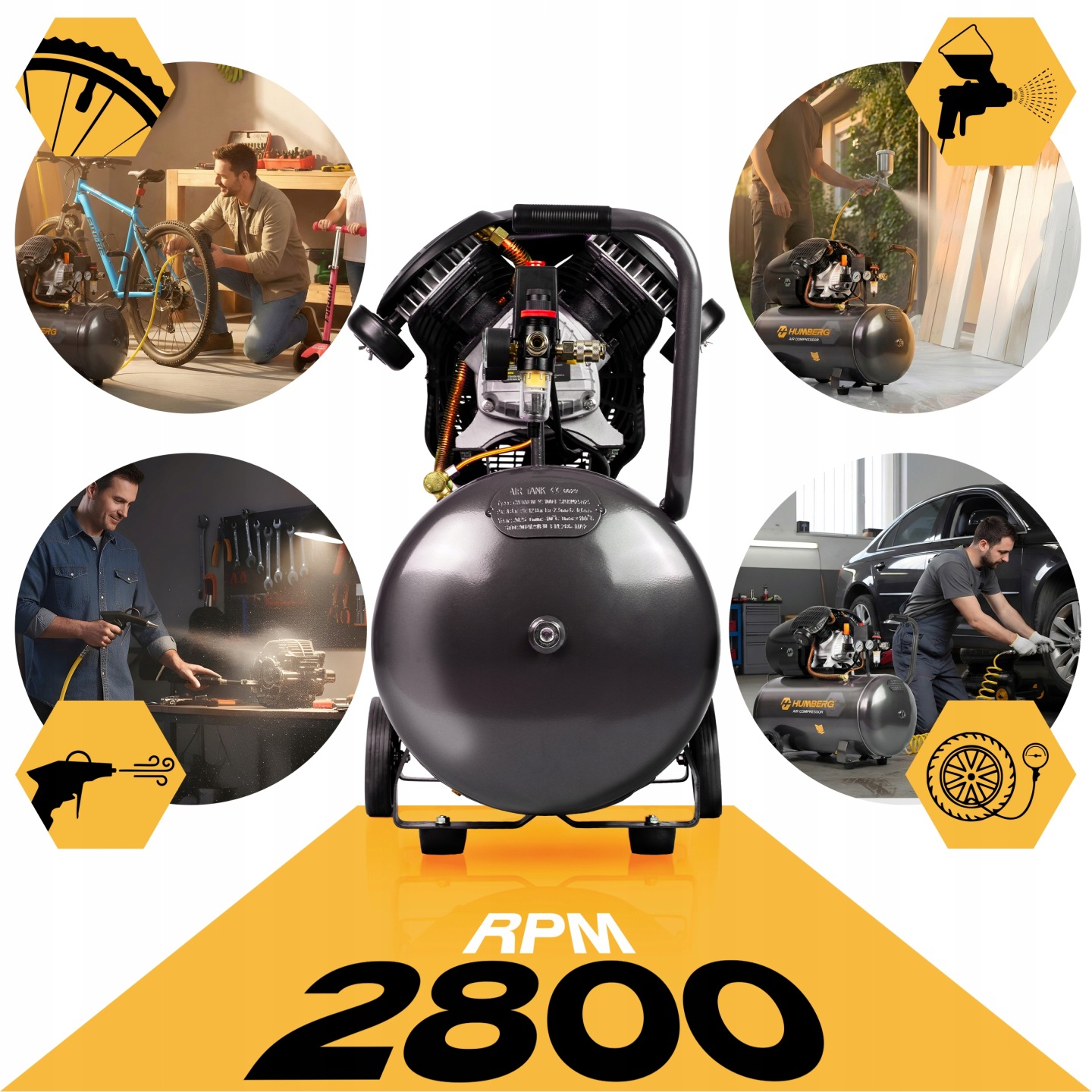 Humberg HM-257 kompresors frontāli ar marķējumu 2800 rpm un darba izmantošanas ainu kolāžu