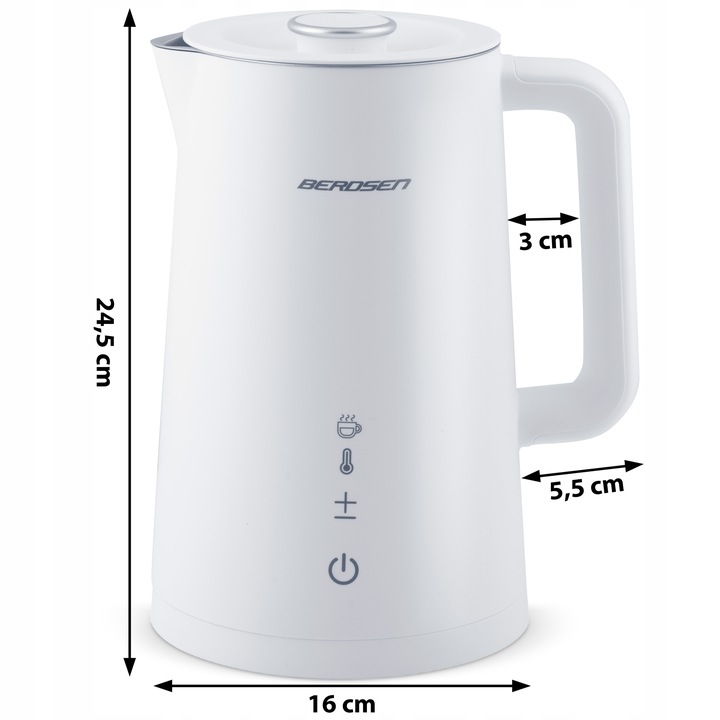 Berdsen elektriskā tējkanna ar izmēru atzīmēm 24,5 cm augstumam un 16 cm platumam