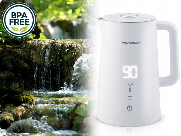 BPA free marķējums blakus baltai Berdsen tējkannai ar izgaismotu 90 °C displeju