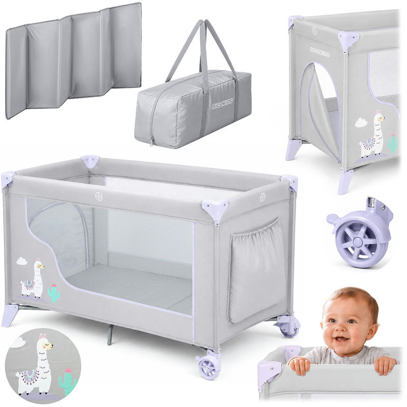Ricokids ceļojumu gultiņa ar matraci un somu 123,5 x 65 x 76 cm RK-240 pelēki lavandas – produkta kopskats
