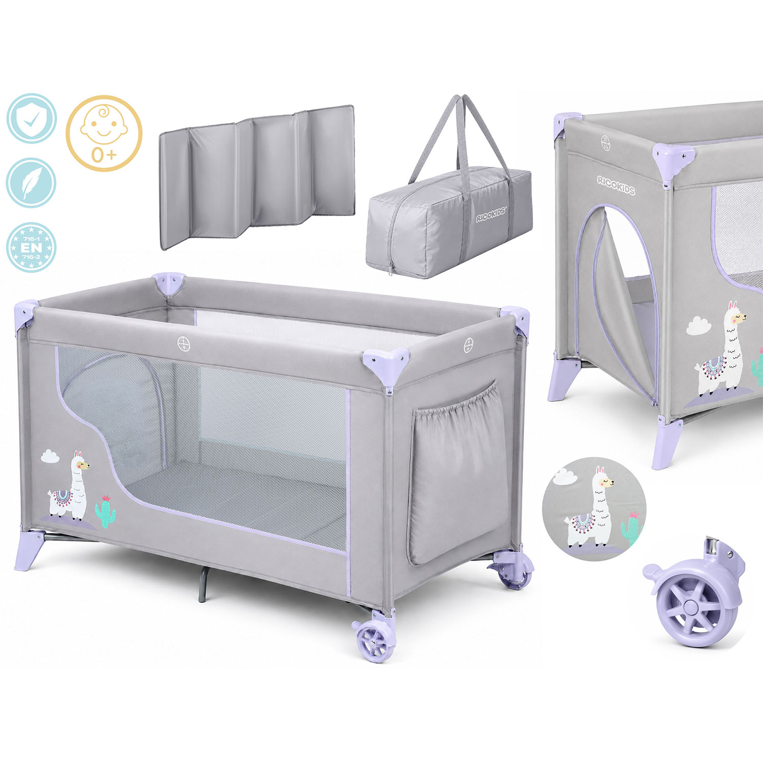 Ricokids ceļojumu gultiņa ar matraci un somu 123,5 x 65 x 76 cm RK-240 pelēki lavandas – produkta galerijas skats, 2. pozīcija