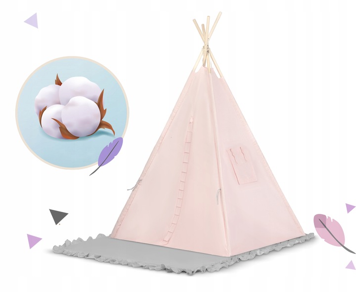 Bērnu tipi telts ar atvērtu sānu logu un redzamu paklājiņa virsmu