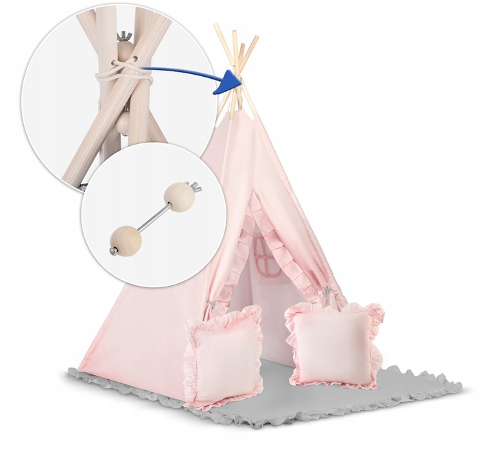 Tipi telts stabilizatora un koka kārtu savienojuma tuvplāns ar paklājiņu fonā