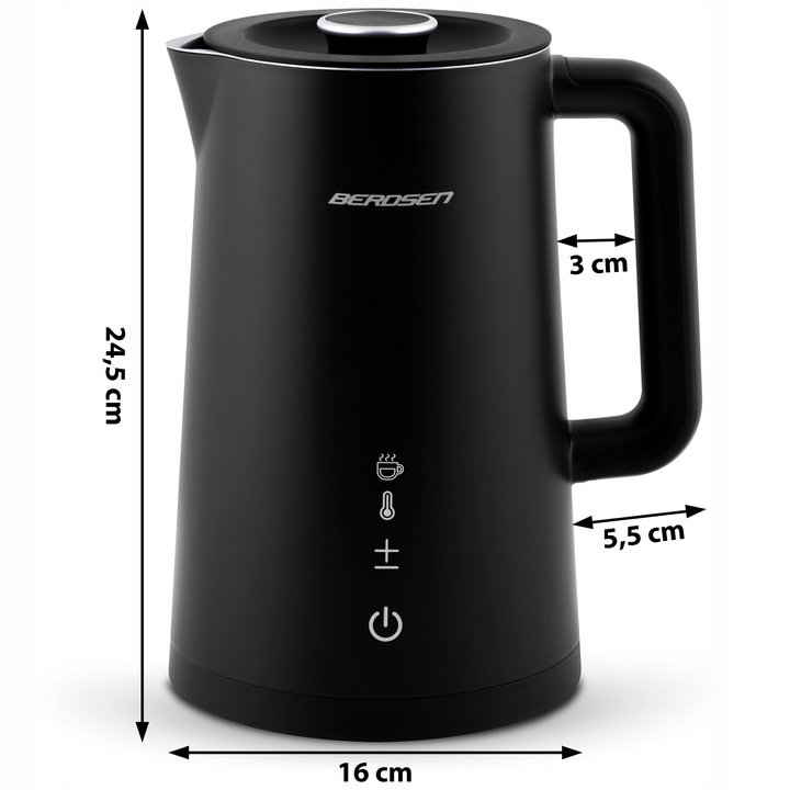 Berdsen BD-709 elektriskā tējkanna ar izmēru atzīmēm 24,5 cm augstums un 16 cm platums