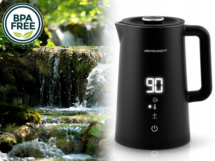 BPA free marķējums blakus Berdsen BD-709 elektriskajai tējkannai ar dabas fonu