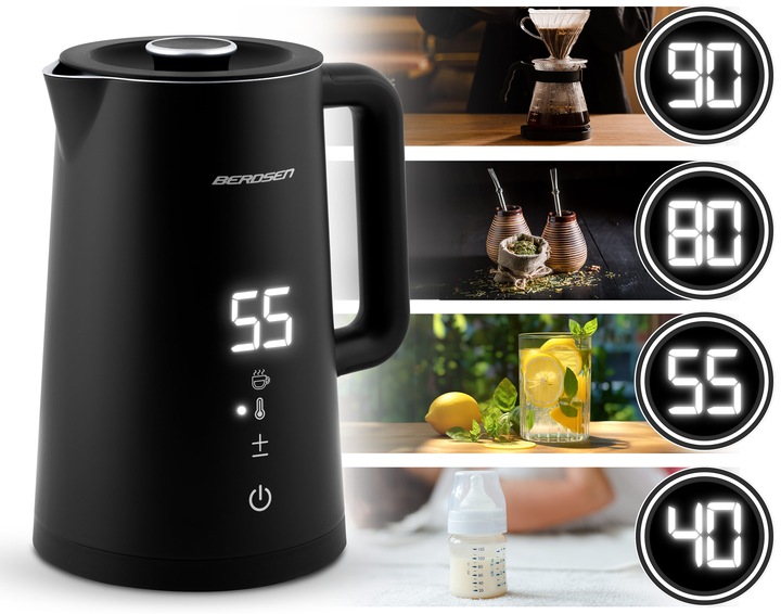 Berdsen BD-709 elektriskā tējkanna blakus temperatūras izmantošanas piemēriem pie 40, 55, 80 un 90 ℃