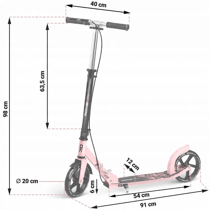 SOKE City skrejritenis ar izmēru atzīmēm 98 cm, 91 cm, 54 cm un 40 cm tehniskā shēmā