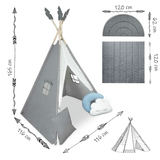 Bērnu tipi telts izmēru grafika ar 165 cm augstumu un 116 cm malām