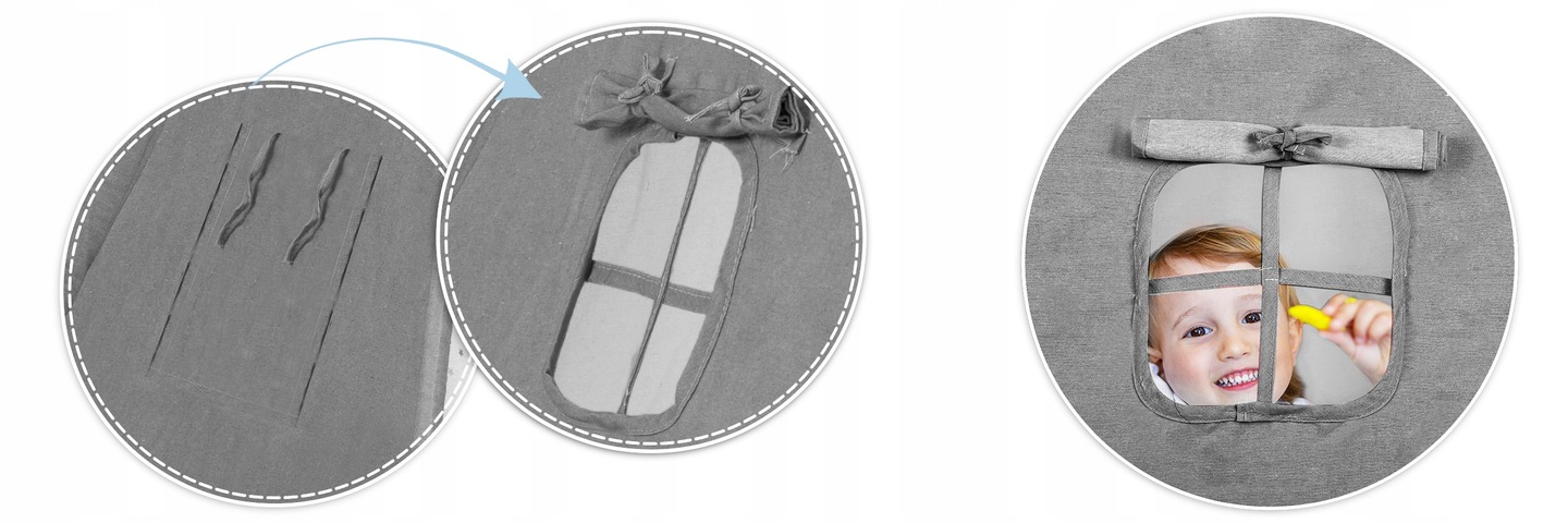 Tuvplāns uz telts auduma logiem un aizklājama lodziņa bērnu tipi teltī