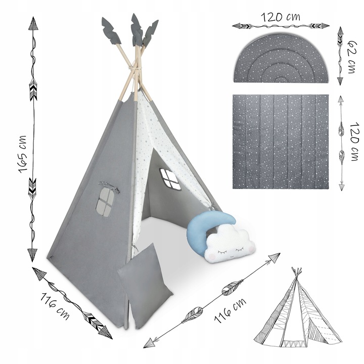 Bērnu tipi telts izmēru shēma ar 116 x 116 x 165 cm telti un 182 x 120 cm paklājiņu