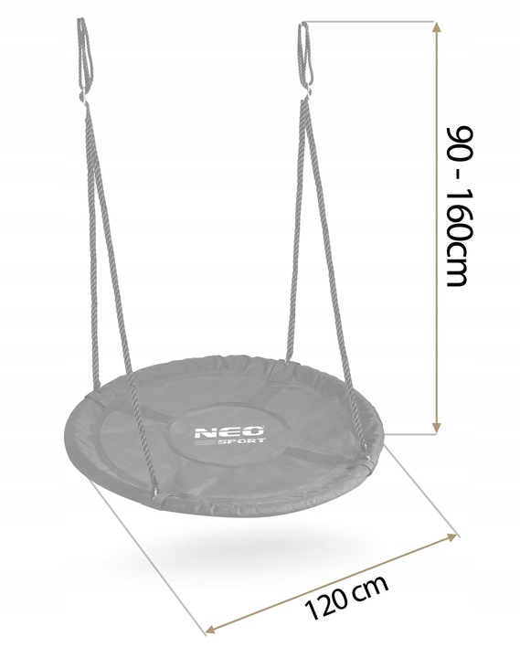 Neo-Sport bocieņa ligzdas šūpoles izmēru shēma ar 120 cm diametru un 90–160 cm augstumu