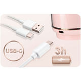 USB-C uzlādes vads un krūts pumpja korpusa uzlādes ports ar 3 h darbības norādi
