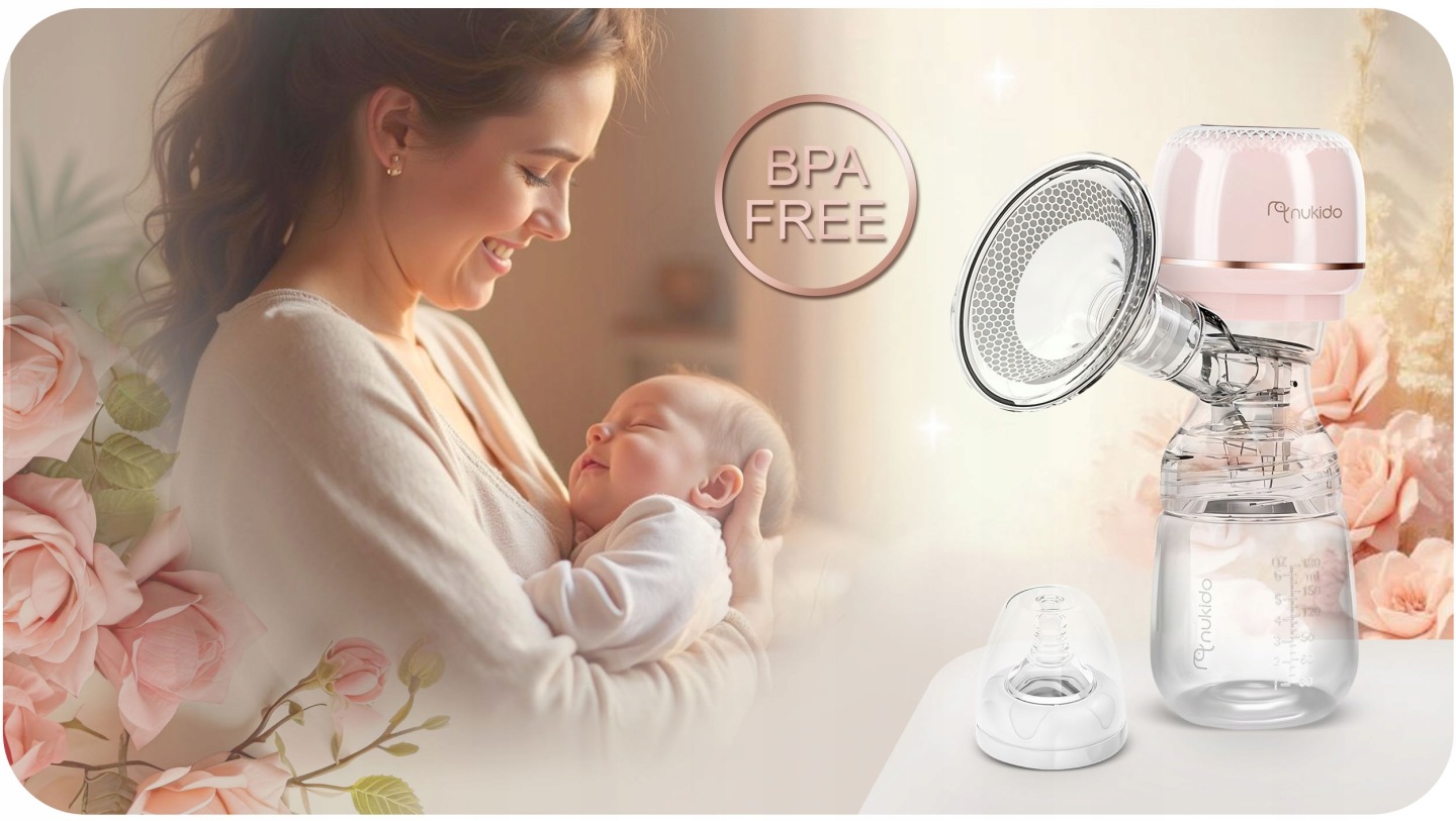Krūts pumpis Nukido ar BPA FREE zīmi un mātes ar bērnu attēlu reklamācijas kompozīcijā