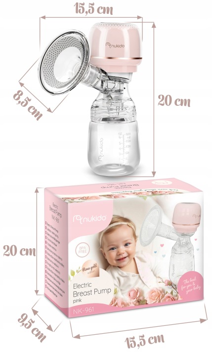 Krūts pumpis Nukido ar norādītiem 15,5 cm, 8,5 cm un 20 cm izmēriem pie iepakojuma kastes