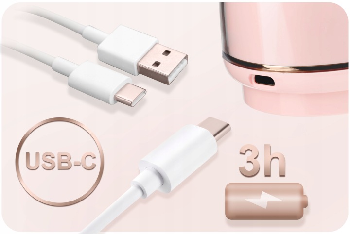 USB-C uzlādes kabelis un 3 h akumulatora darbības norāde pie krūts pumpja korpusa