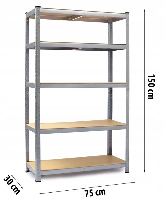 Metāla noliktavas plaukts ar izmēru atzīmēm 150 x 75 x 30 cm