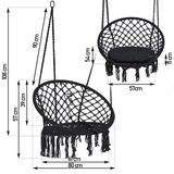 Izmēru ar melnu piekarināmu krēslu un sēdvietas parametriem centimetros