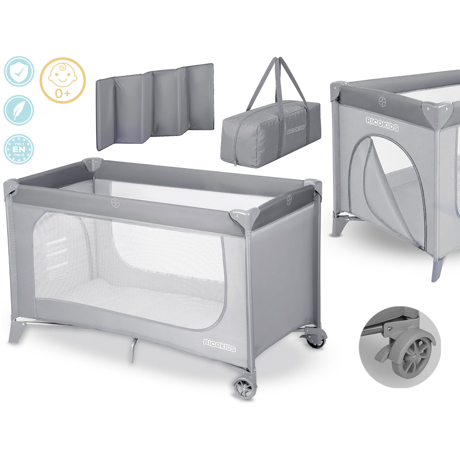 Ceļojumu gultiņa Ricokids RK-240, 123,5 x 65 x 76 cm, pelēka – produkta galerijas skats, 2. pozīcija