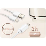 USB-C uzlādes kabelis, pieslēgvieta un darbības laika norāde pie piena sūkņa