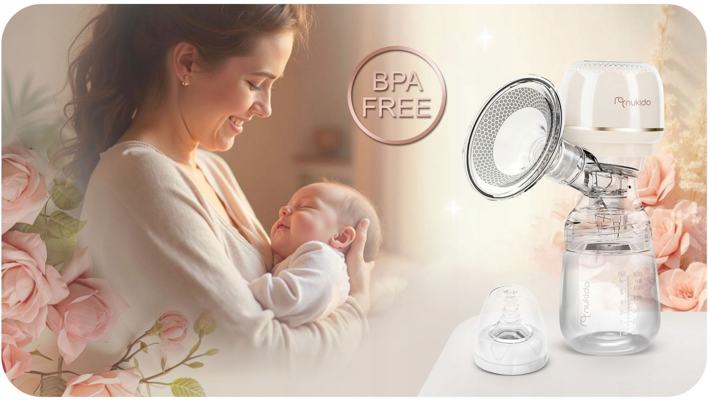 Nukido piena sūknis blakus mātes un zīdaiņa attēlam ar BPA FREE norādi