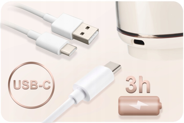 USB-C uzlādes kabelis un piena sūkņa korpuss ar darbības laika norādi