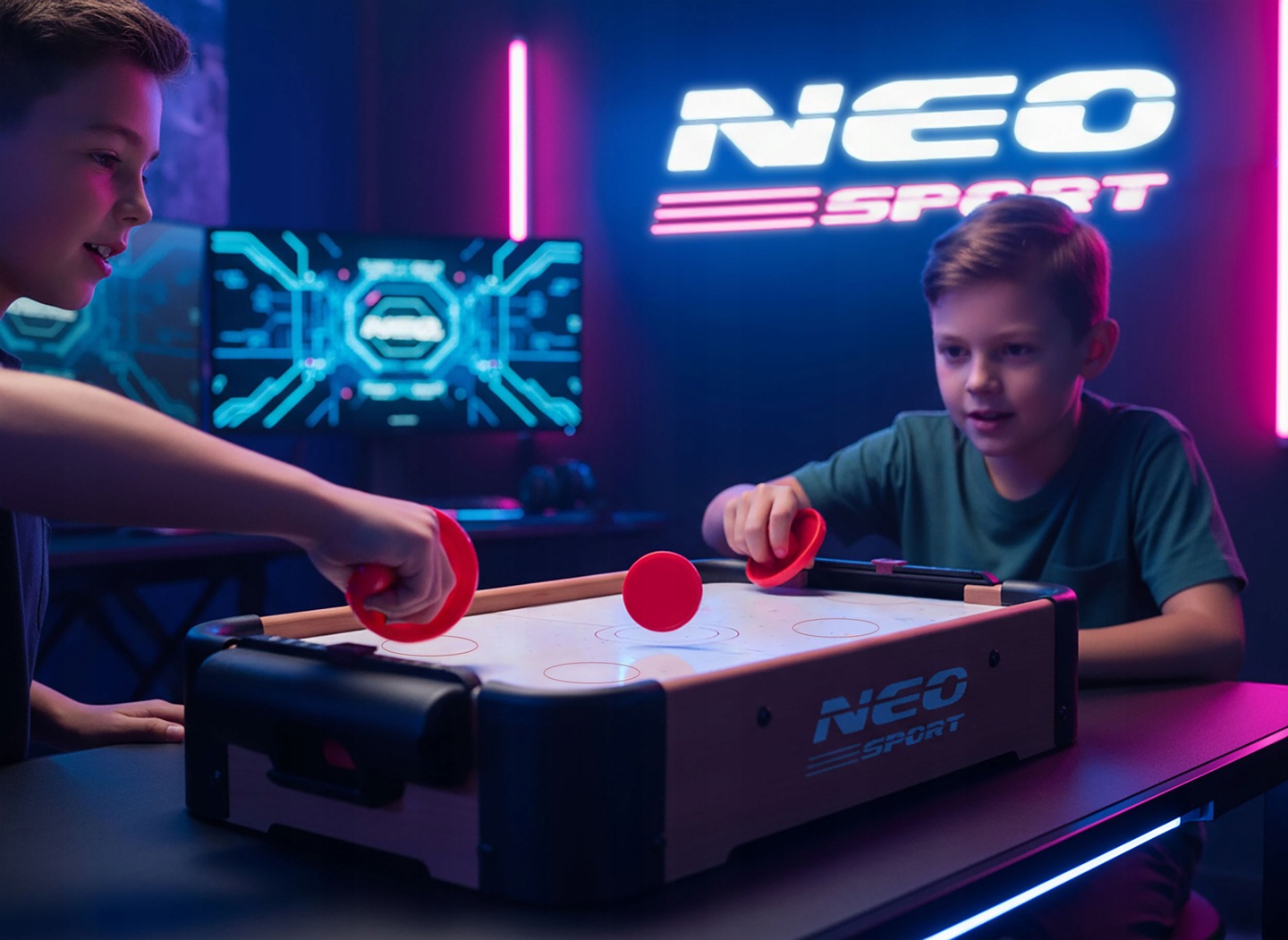 Bērni spēlē mini gaisa hokeju pie galda ar Neo-Sport zīmolu neoniski izgaismotā telpā