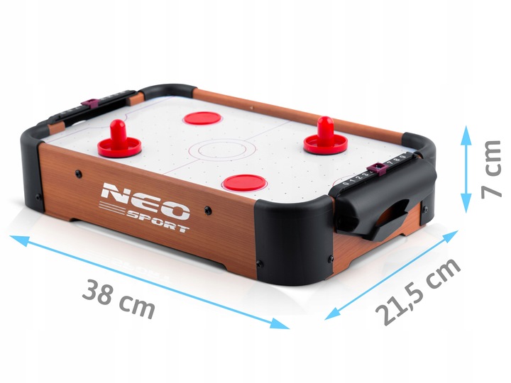Mini gaisa hokeja galds Neo-Sport ar norādītiem 38 cm, 21,5 cm un 7 cm izmēriem
