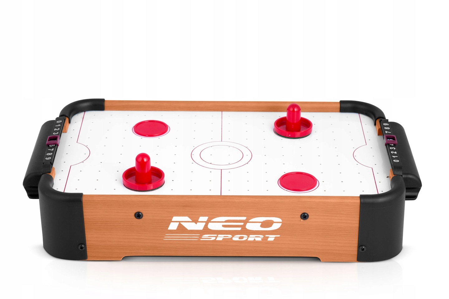 Neo-Sport mini gaisa hokeja galds frontālajā skatā ar diviem satvērējiem un divām ripām