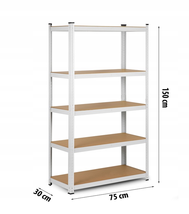 Balta metāla noliktavas plaukta izmēru shēma ar 150 cm augstumu, 75 cm platumu un 30 cm dziļumu