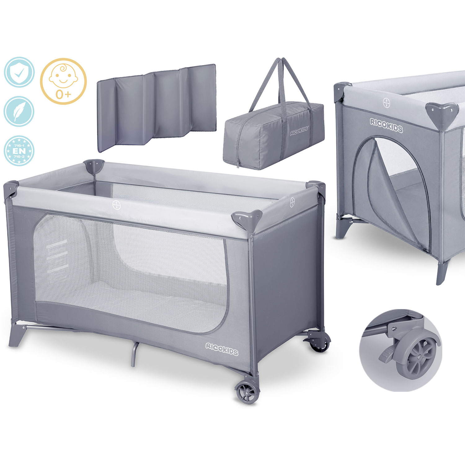 Ceļojumu gultiņa Ricokids RK-240, 123,5 x 64 x 76 cm, gaiši pelēka – produkta galerijas skats, 2. pozīcija