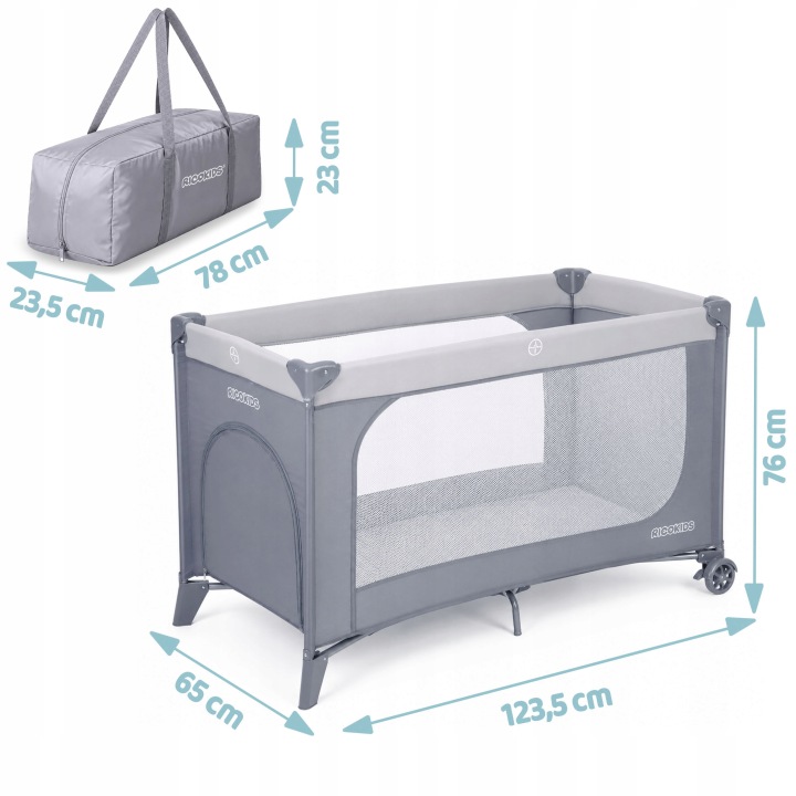 Ricokids ceļojumu gultiņas izmēri 123,5 x 64 x 76 cm un salocītas somas izmēri 78 x 23,5 x 23 cm