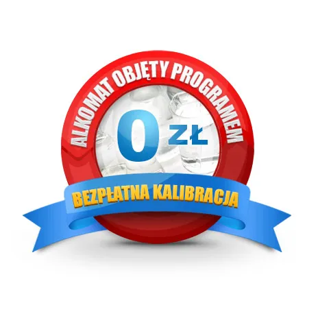 Bezmaksas kalibrācijas programmas emblēma alkometram ar uzrakstu 0 zł un zilu lenti