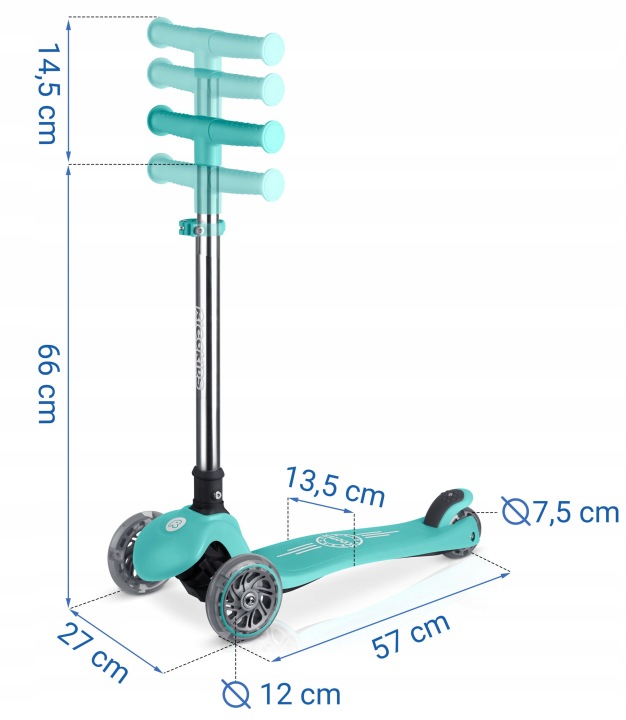 Ricokids Glow skrejriteņa izmēru shēma ar augstumu 66–80,5 cm, klāja garumu 51 cm un riteņu diametriem