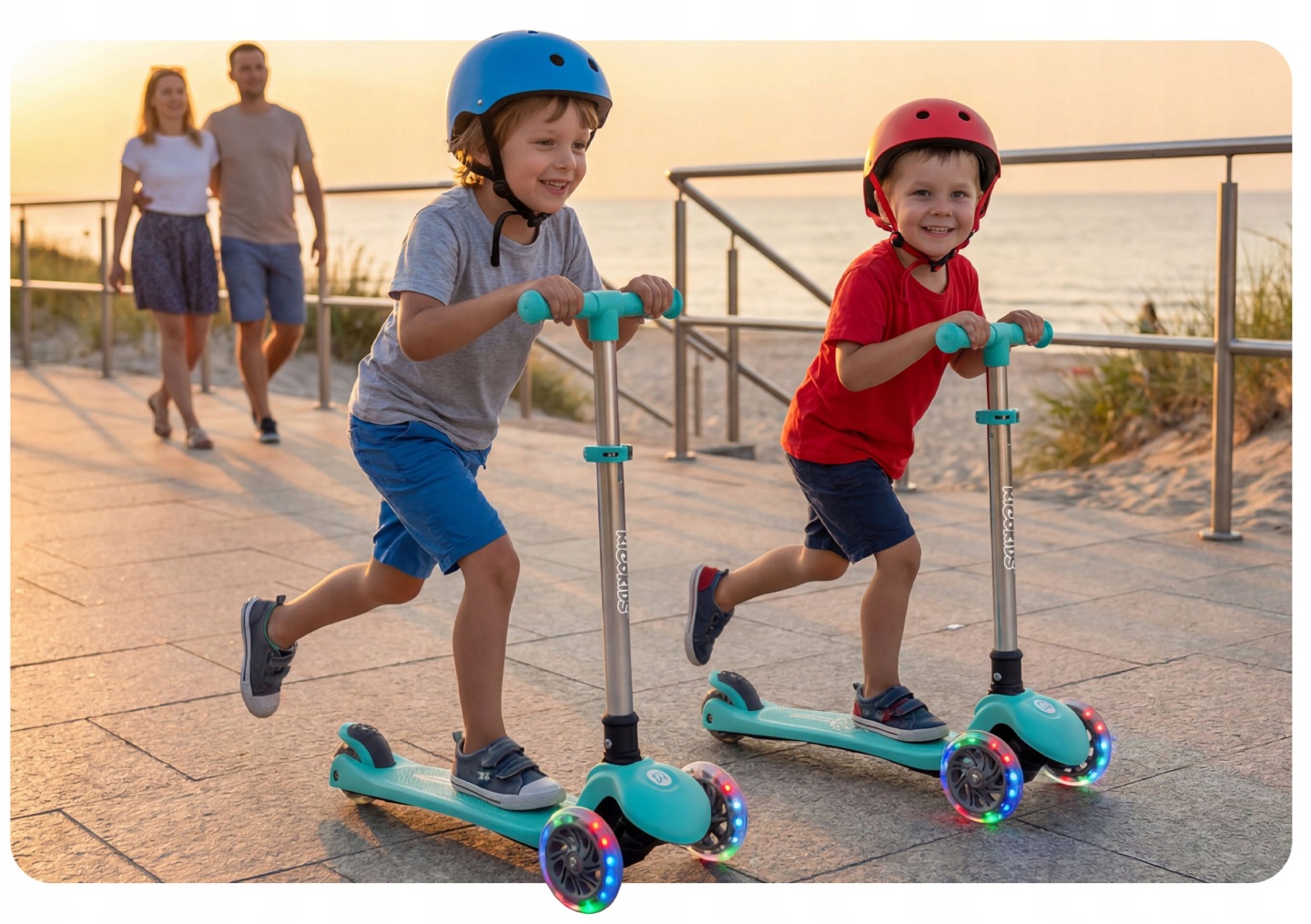 Divi bērni ar ķiverēm brauc ar Ricokids Glow skrejriteņiem pie jūras promenādes saulrietā, redzami LED riteņi