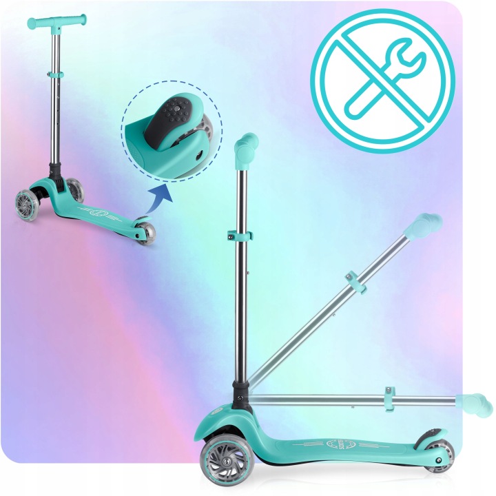 Ricokids Glow skrejritenis ar salokāmu mehānismu, bremzes detaļu tuvplāns un salocīts rāmis