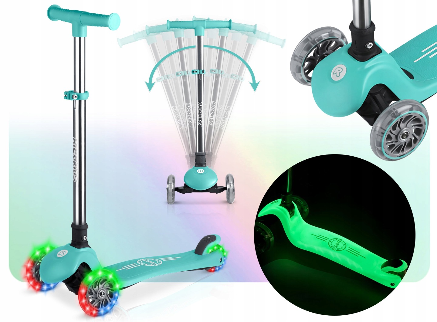 Turkīza bērnu trīsriteņu skrejritenis Ricokids Glow ar LED riteņiem un izgaismotu klāju, priekšskats
