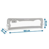 Pelēka gultas aizsargbarjera ar izmēru atzīmēm 180 cm, 42 cm un 35 cm